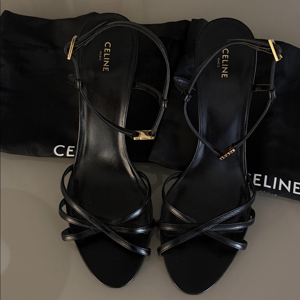 Celine Black Leather Ankle Strap Heels with Gold Triomphe Detail - Picture 3 of 6